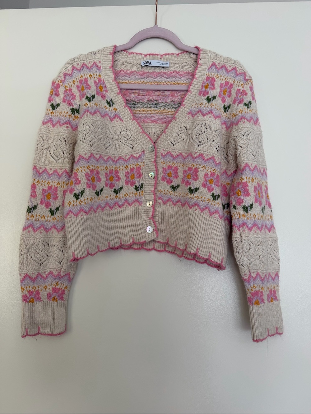 Zara Cream Cardigan with Pink Floral Fair Isle